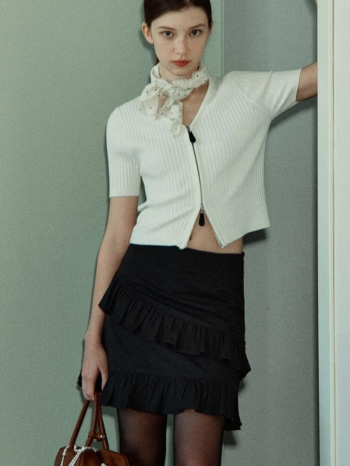 fano Soft Minimalist V-neck Cropped Short Sleeve White Polyester Blend Cardigans