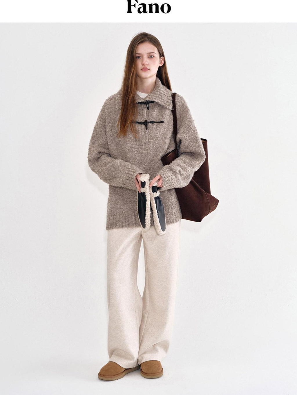 fano Soft Knit Polyester Beige Natural Waist Casual Wide Leg Women Sweatpants