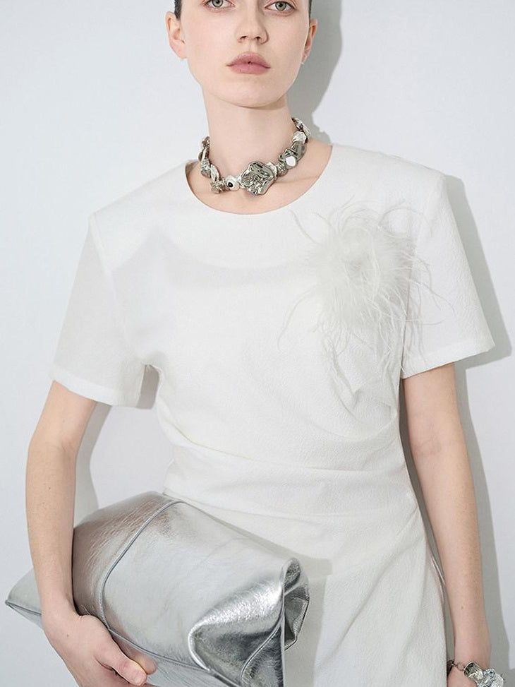 audreyyang Embroidered Slim Fit Office White Crew Neck Women Polyester Short Sleeve T-Shirts