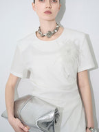 audreyyang Embroidered Slim Fit Office White Crew Neck Women Polyester Short Sleeve T-Shirts