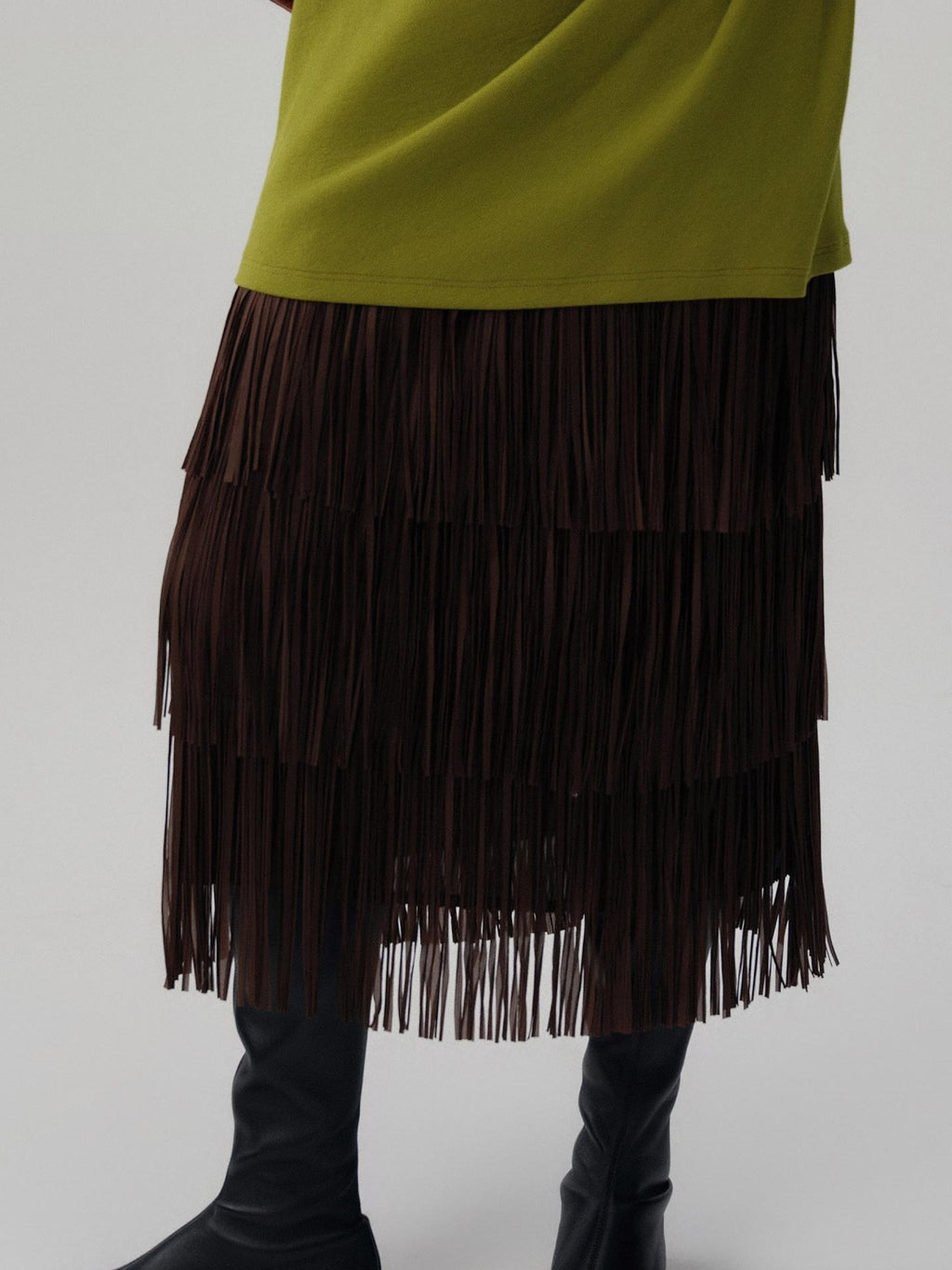 audreyyang Hand Pleated Tiered Fringe Mid Waist Casual Women Polyester Midi Skirts