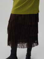 audreyyang Hand Pleated Tiered Fringe Mid Waist Casual Women Polyester Midi Skirts