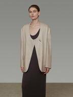 unspoken Breathable Tencel Loose Collarless No Button Minimalist Beige Women Blazers