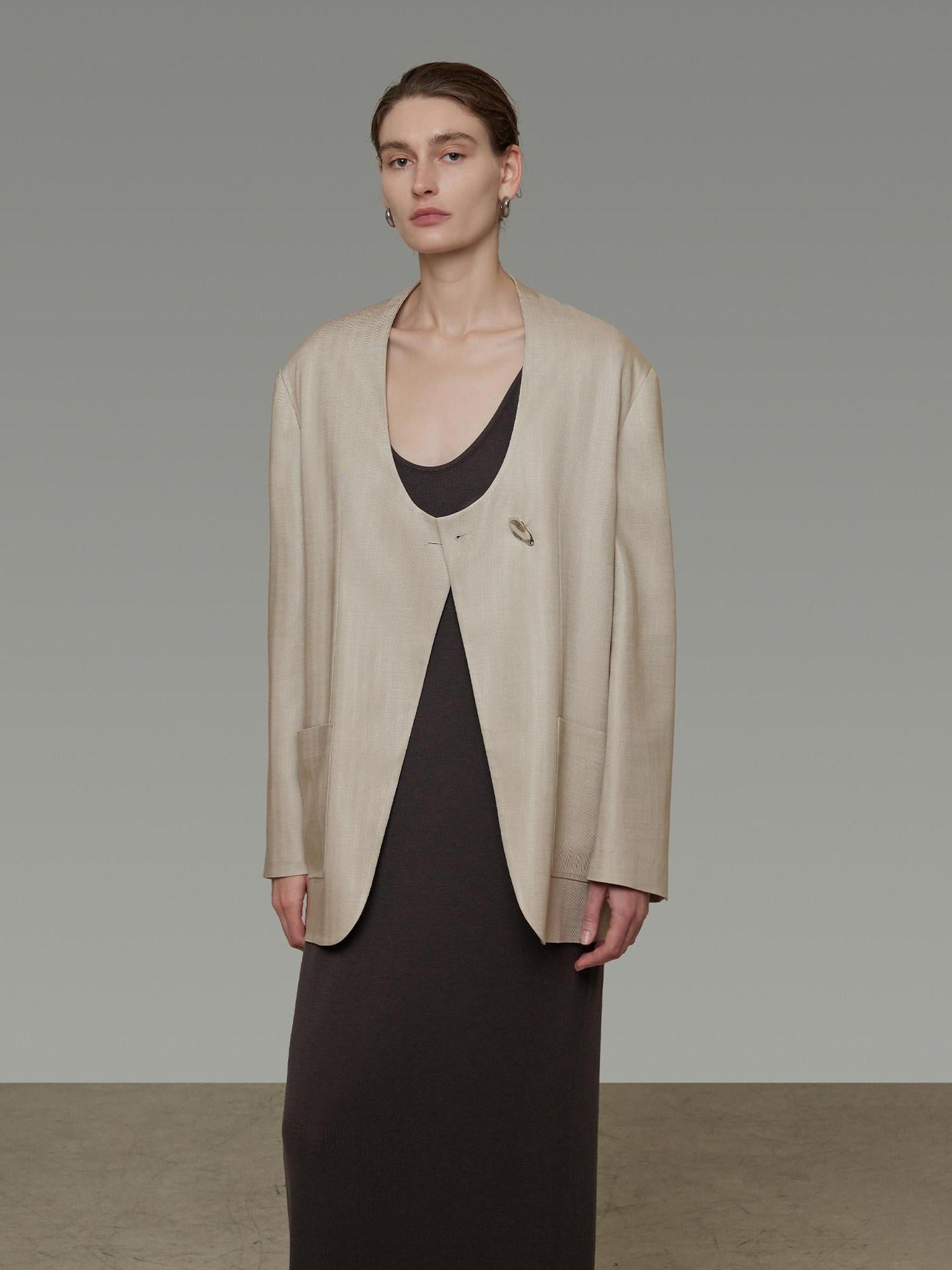unspoken Breathable Tencel Loose Collarless No Button Minimalist Beige Women Blazers