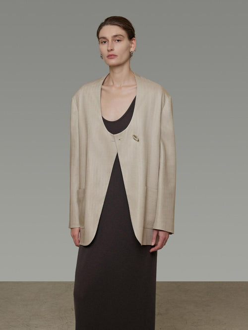 unspoken Breathable Tencel Loose Collarless No Button Minimalist Beige Women Blazers