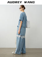 audreyyang Washed Tencel Micro Stretch Straight Fit Denim Blue Casual Short Sleeve T-Shirts