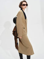 audreyyang Khaki Contrast Lapel Blazer Slit Loose Fit Long Sleeve Women Top & Skirt Sets