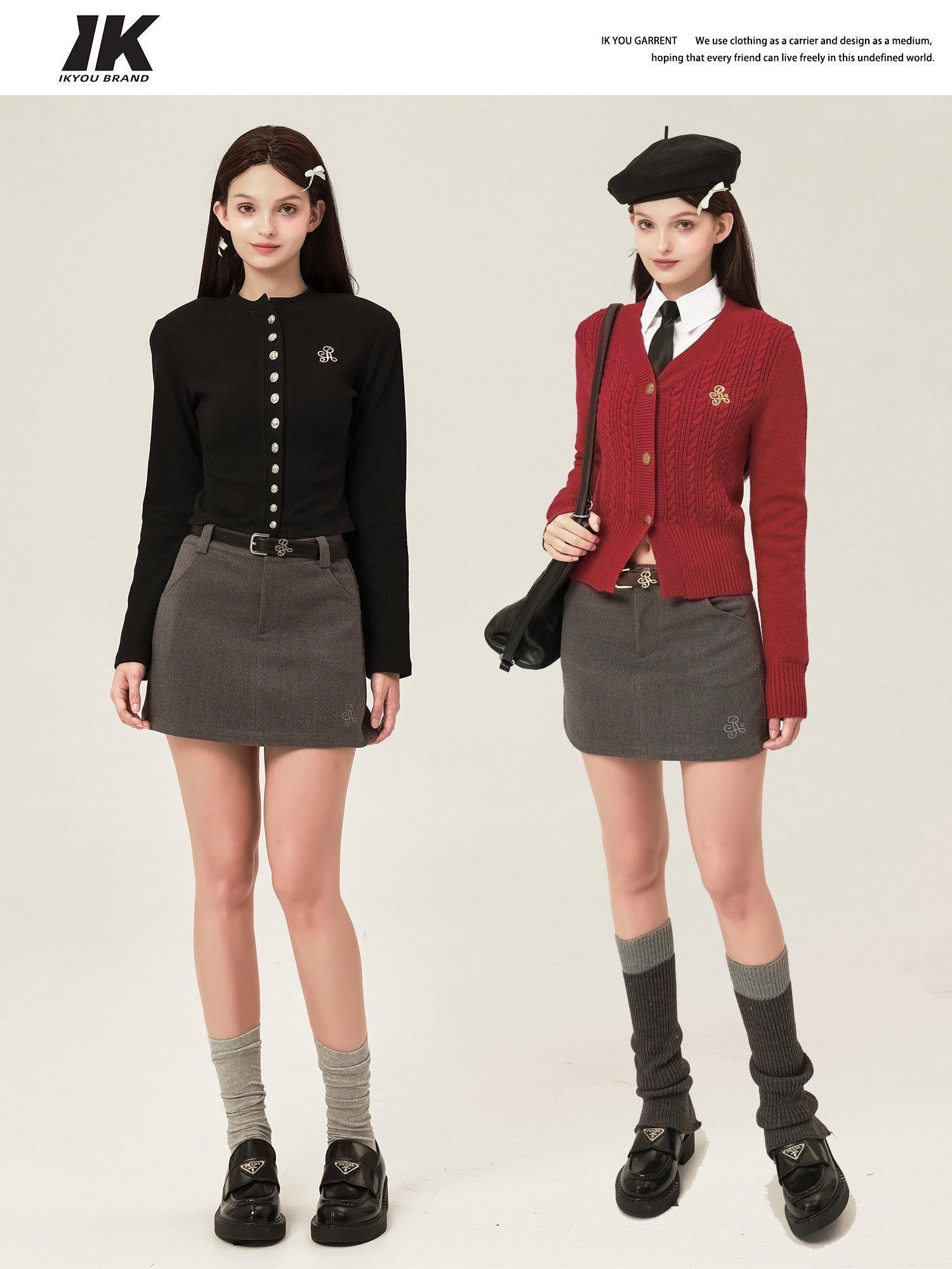 ikyou Shape Retaining Embroidered Casual A Line Low Waist Slim Black Mini Skirts