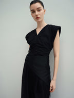 audreyyang Drawstring Pleated Loose V-neck Black Solid Women Off Shoulder Crop Tops