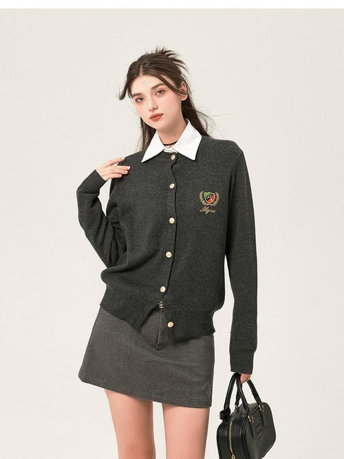 ikyou Embroidered V-neck Minimal Office Knit Button Front Long Sleeve Cardigans