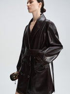audreyyang Thick Vintage Croc Embossed Doublebreasted Midlength Women Pu Leather Jackets