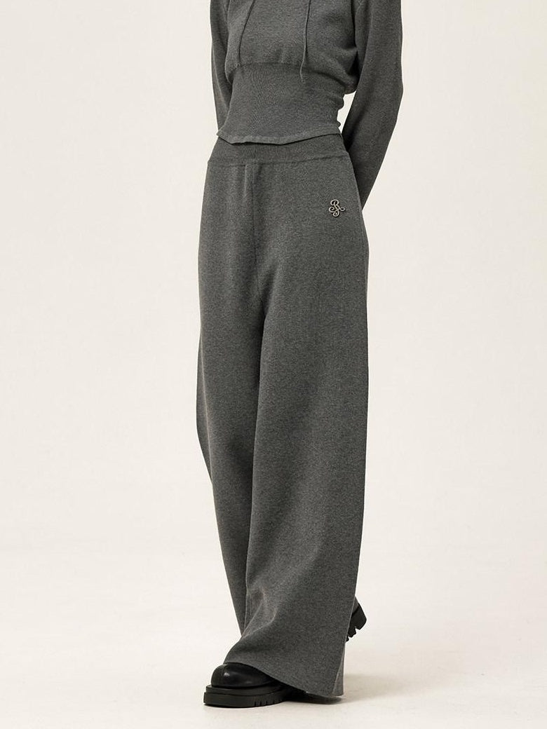 ikyou Ribbed Grey Cropped Hood Pullover Commuter Polyester Women Top & Pants Sets