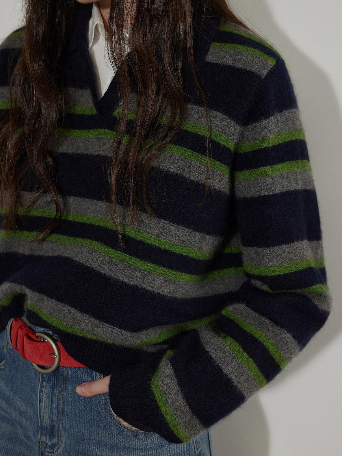 Lofi choose Soft Knitted Pullover Commuter Oversized Polo Collar Striped Women Sweaters