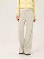 ikyou Embroidered High Waist Minimalist Office Beige Elastic Waist Wide Leg Pants