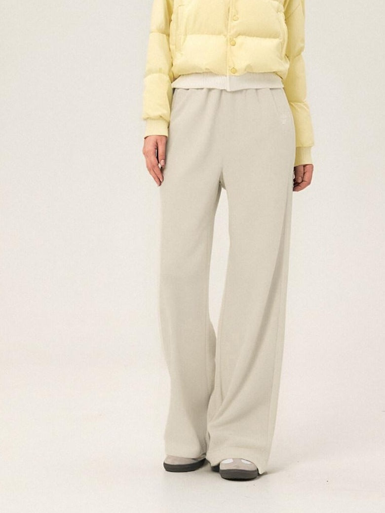 ikyou Embroidered High Waist Minimalist Office Beige Elastic Waist Wide Leg Pants