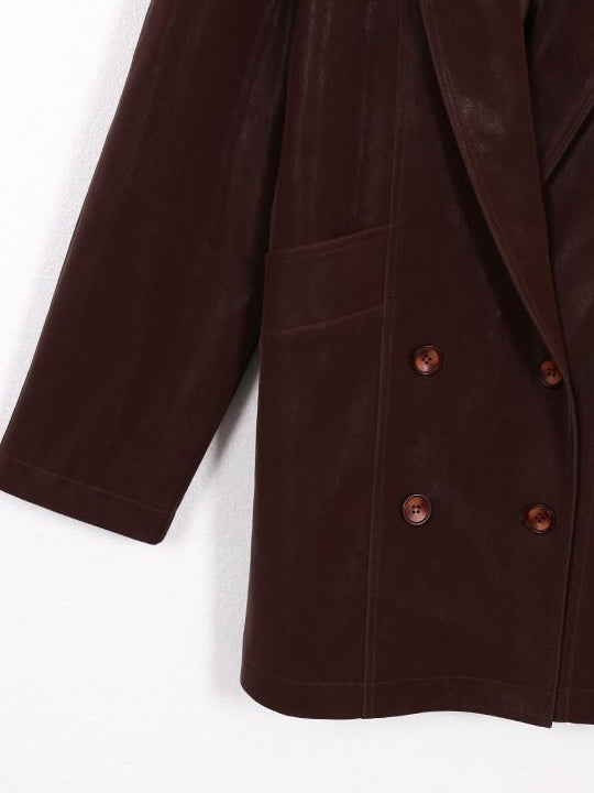 audreyyang Distressed Washed Pu Relaxed Midlength Blazer Collar Vintage Red Leather Jackets