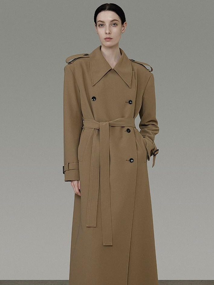 unspoken Double Breasted Straight Minimalist Office Tea Brown Longline Women Trench Coats