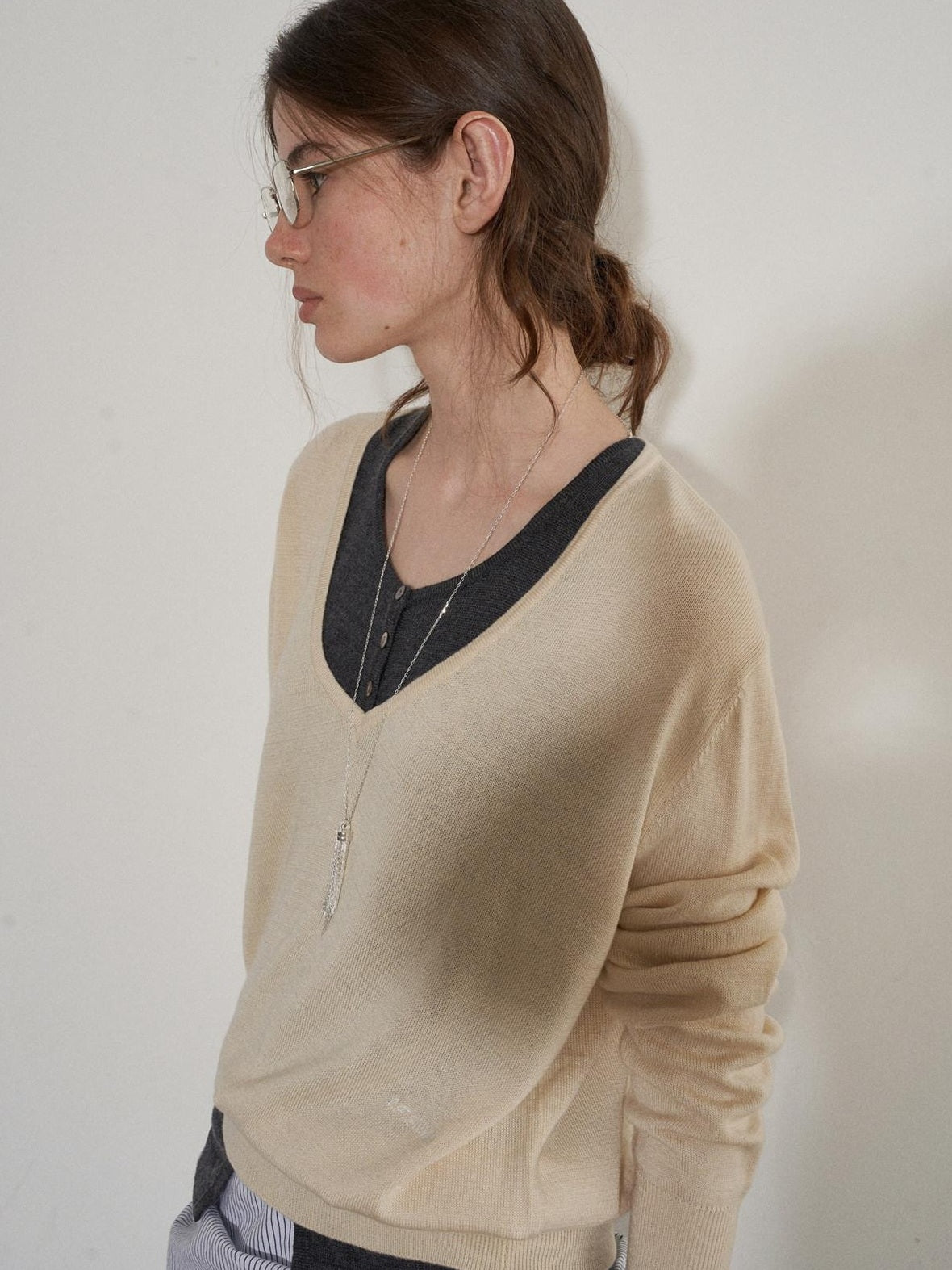 Lofi choose Silk Blend V-neck Oversized Pullover Simple Women Solid Knit Sweaters