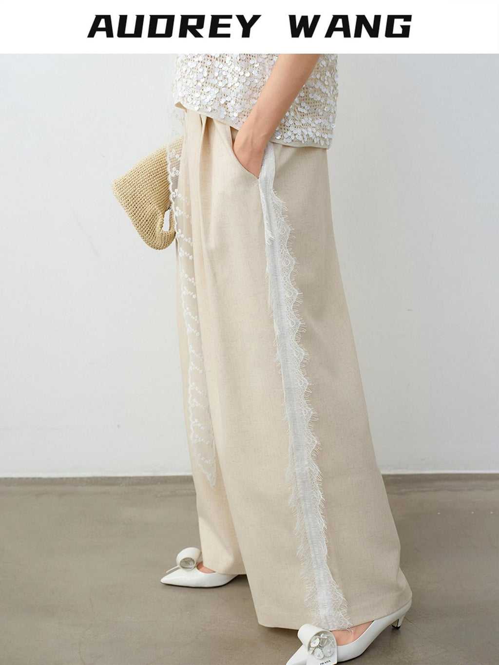 audreyyang Elegant Lace Natural Waist Office Loose Womens White Linen Blend Wide Leg Pants