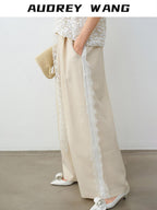 audreyyang Elegant Lace Natural Waist Office Loose Womens White Linen Blend Wide Leg Pants