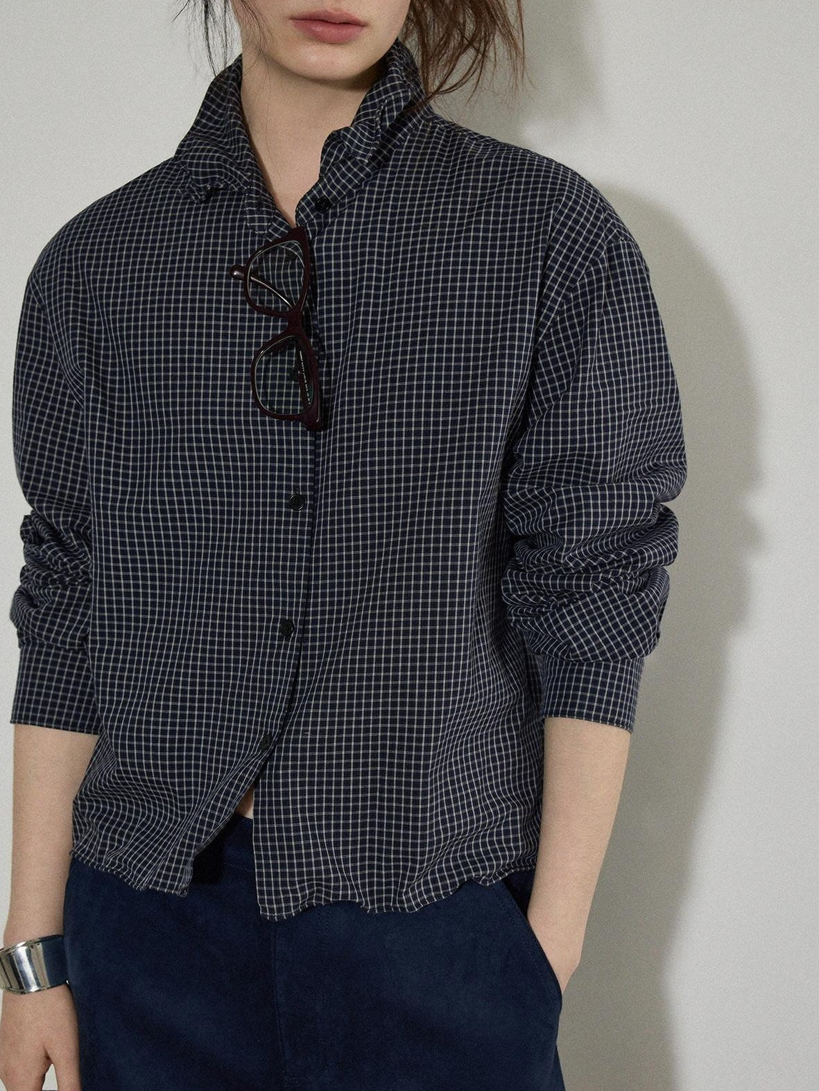 Lofi choose Pure Cotton Loose Fit Plaid Button Front Turn Down Collar Office Women Blouses