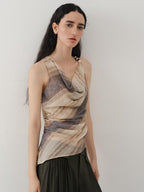 someonesometimes Original Asymmetric Patchwork Striped Slim Curve Khaki Brown For Women Vest