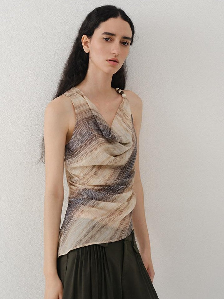 someonesometimes Original Asymmetric Patchwork Striped Slim Curve Khaki Brown For Women Vest