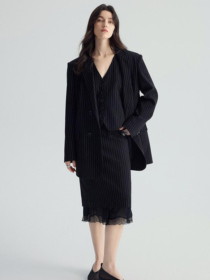 audreyyang Original Design Relaxed Fit Double Breasted Women Black Polyester Blazers