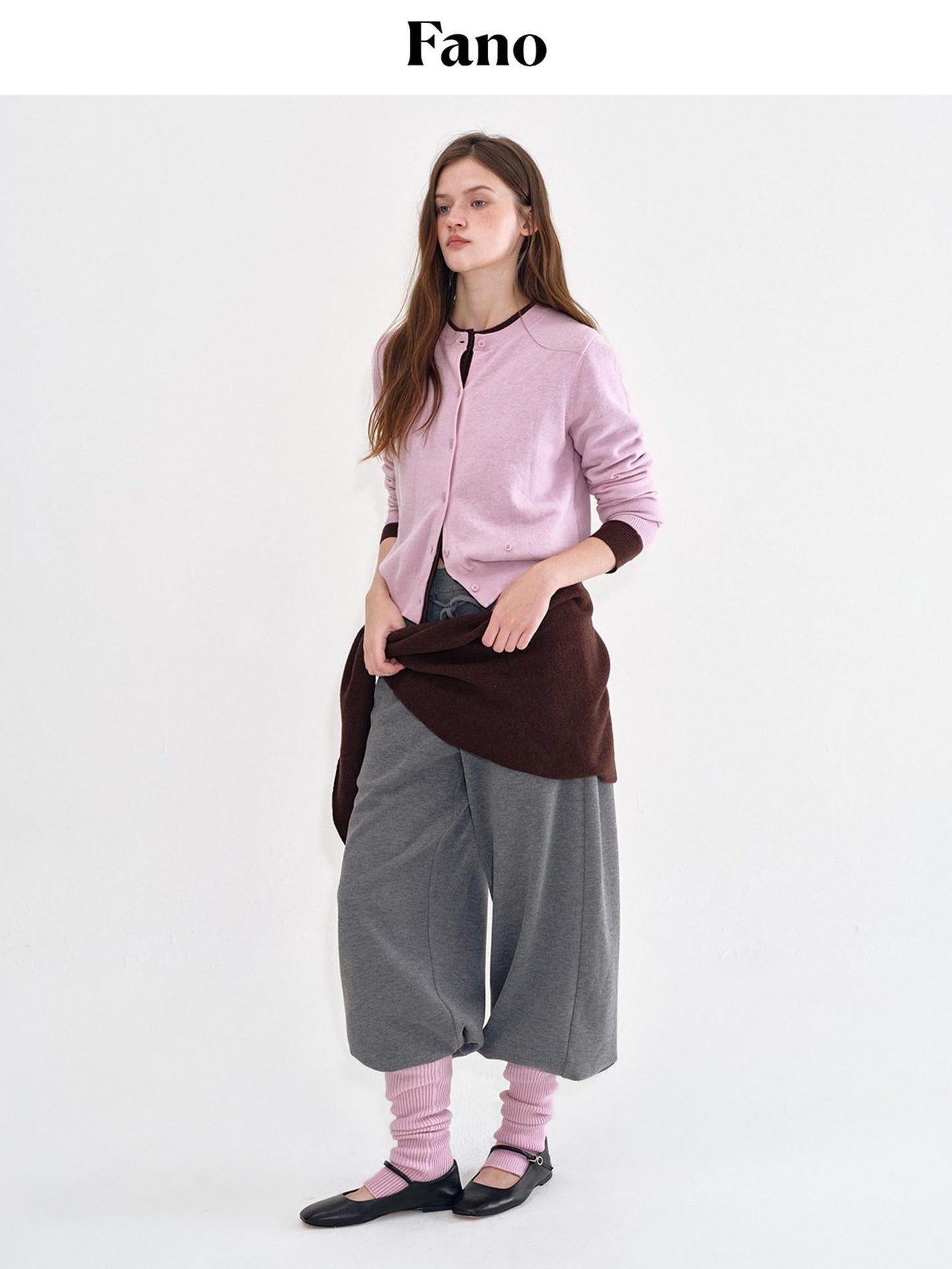 fano Durable Pure Sheep Wool Slouchy Crew Neck Buttoned Pink Knit Women Cardigans