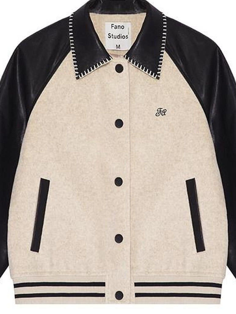 fano Shell Embroidered Commuter Loose Wool Raglan Women Colorblock Bomber Jackets