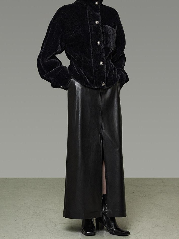 unspoken High Waist Textured H Line Straight Minimalist Workwear Black Midi Skirts