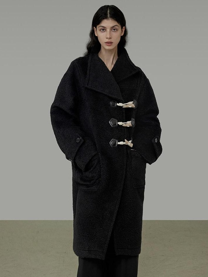 unspoken Warm Thick Long Single Breasted Black Loose Fit Minimalist Office Wool Coats