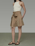 unspoken High Waist Drawstring Minimalist Workwear Cotton Blend Khaki Mid-Length Shorts
