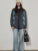 Lofi choose Cozy Wool Blend V-neck Button Front Relaxed Fit Heart Pattern Gray Cardigans