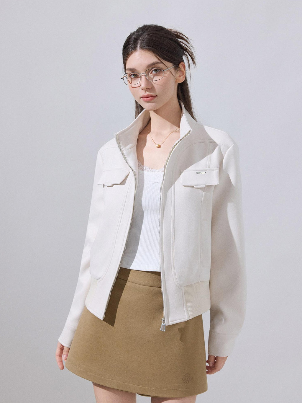 ikyou Stretch Pu Cropped Stand Collar Zipper Casual Women Cream Leather Jackets