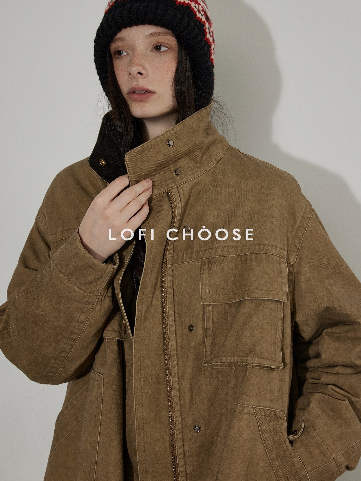 Lofi choose Warm Insulated Oversized Commuter Stand Collar Sand Brown Zip Puffer Jackets