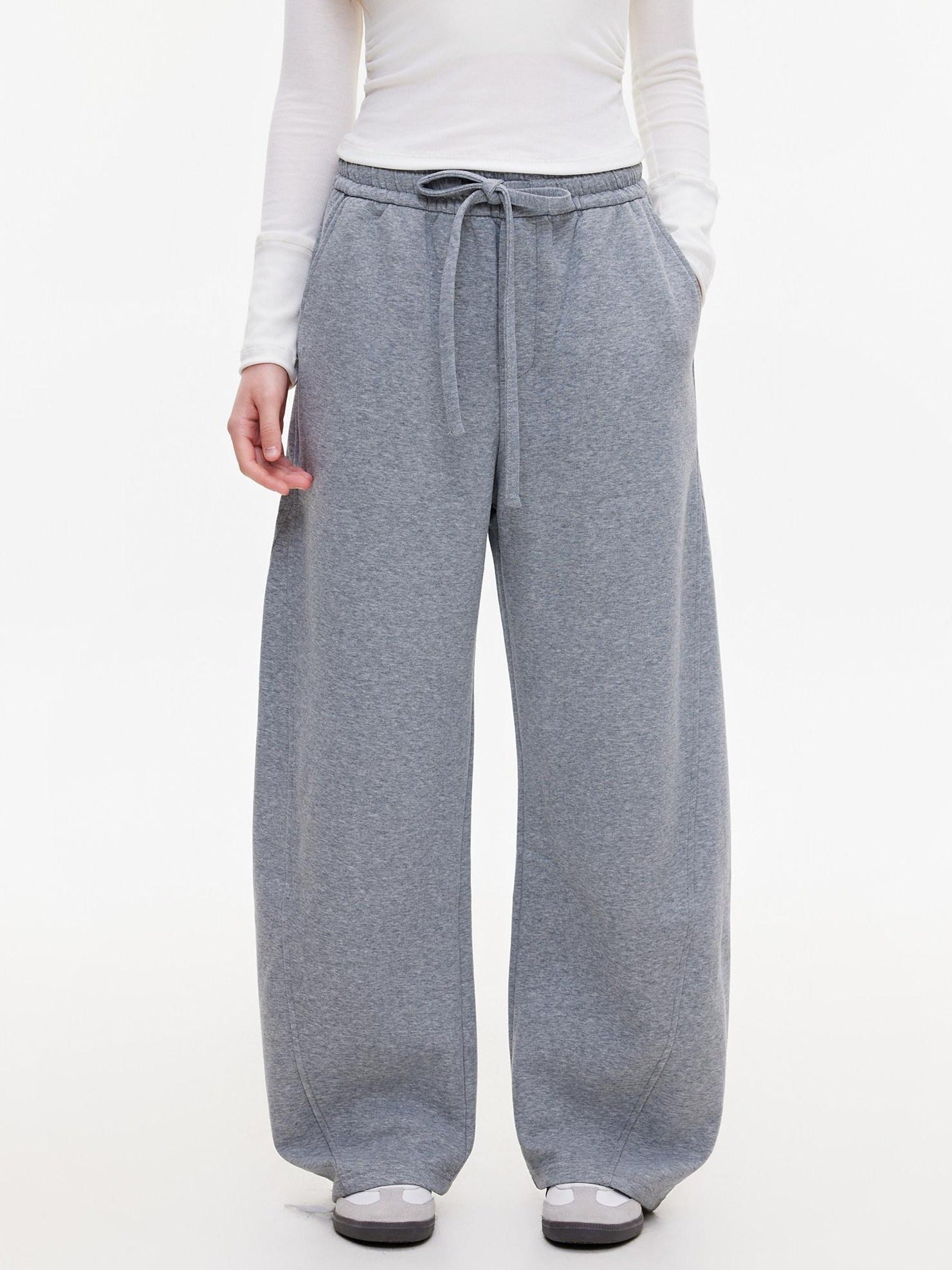ikyou Warm Casual Pockets Elastic Waist Women Light Gray Stretch Wide Leg Pants