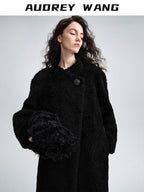 audreyyang Warm Thick Vintage Loose Fit Stand Collar Lambswool Trim Women Black Wool Coats