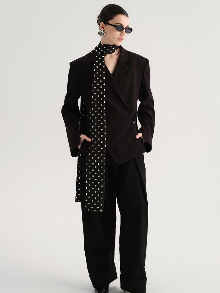 audreyyang Crossover Waist Office Relaxed Fit Women Double Breasted Black Blazers