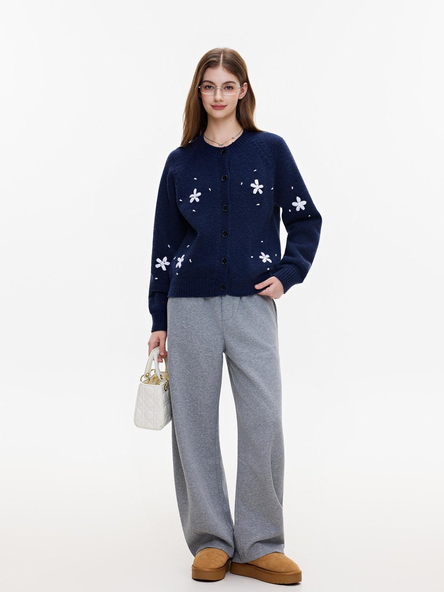 ikyou Cozy Thermal Knit Loose Fit Button Front Sweet Style Navy Women Cardigans