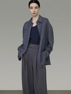 unspoken Skin Friendly Breathable Polyester Blend Loose Fit Blazer Collar Gray Shirts
