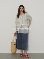 Lofi choose 100 Percent Cotton Loose Colorblock Women Blue Stripe Lapel Long Sleeve Shirts