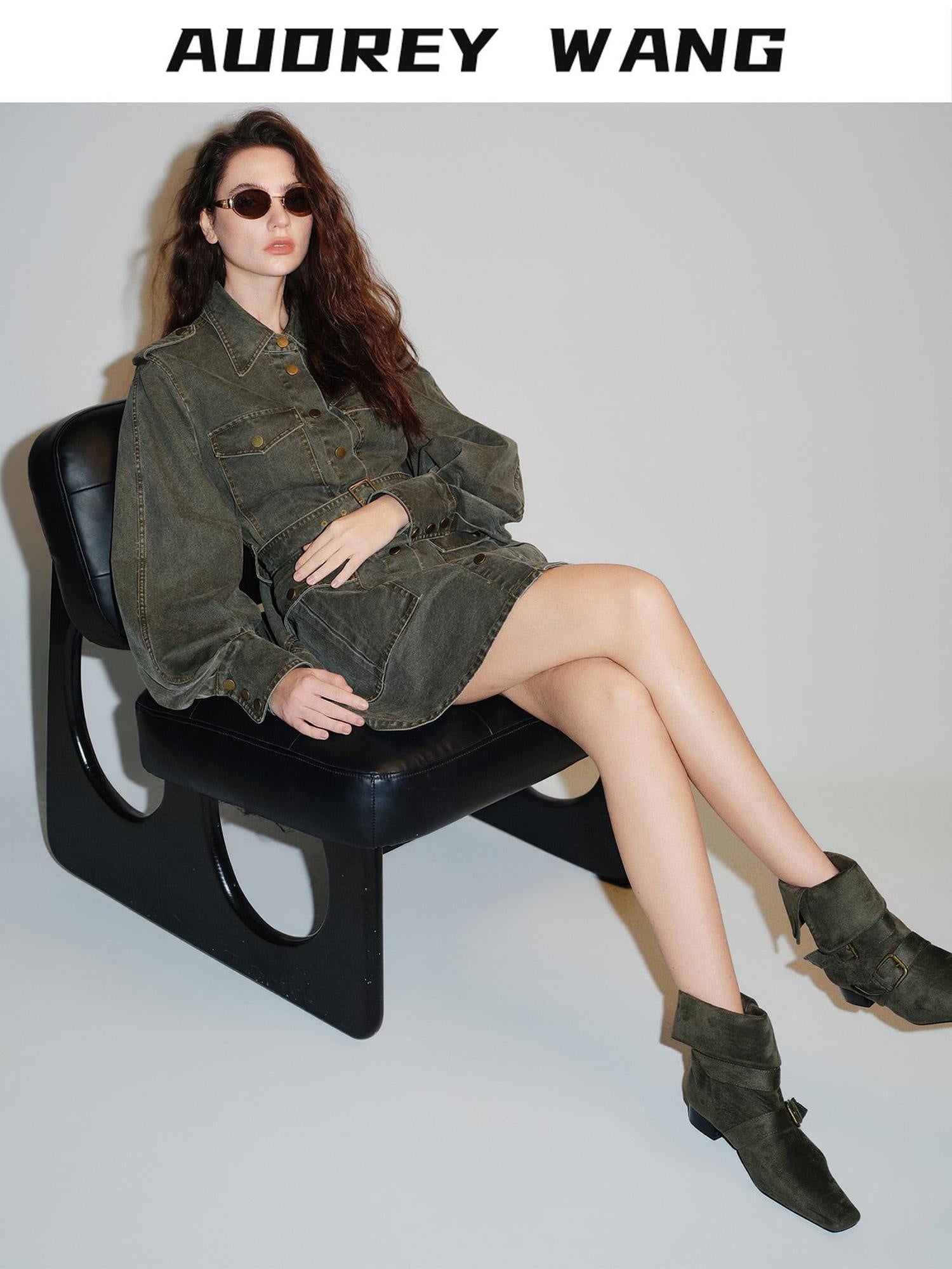 audreyyang 100 Percent Cotton Loose Casual Long Sleeve Military Green Denim Jackets