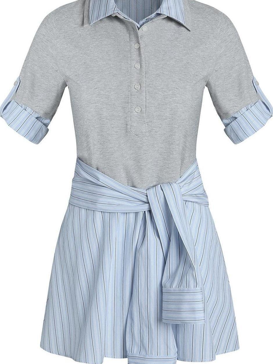 fano High Waist A Line Polo Collar Short Sleeve Cotton Blend Light Blue Midi Dresses