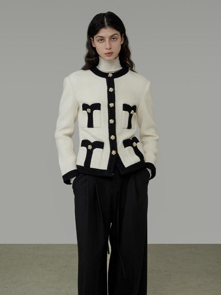 unspoken Black White Colorblock Office Loose Cropped Round Neck Buttoned Knit Cardigans
