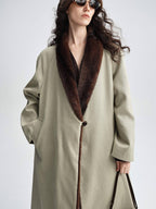 audreyyang Warm Thick Lapel Patchwork Slavic Loose Fit For Women Faux Fur Almond Long Coats