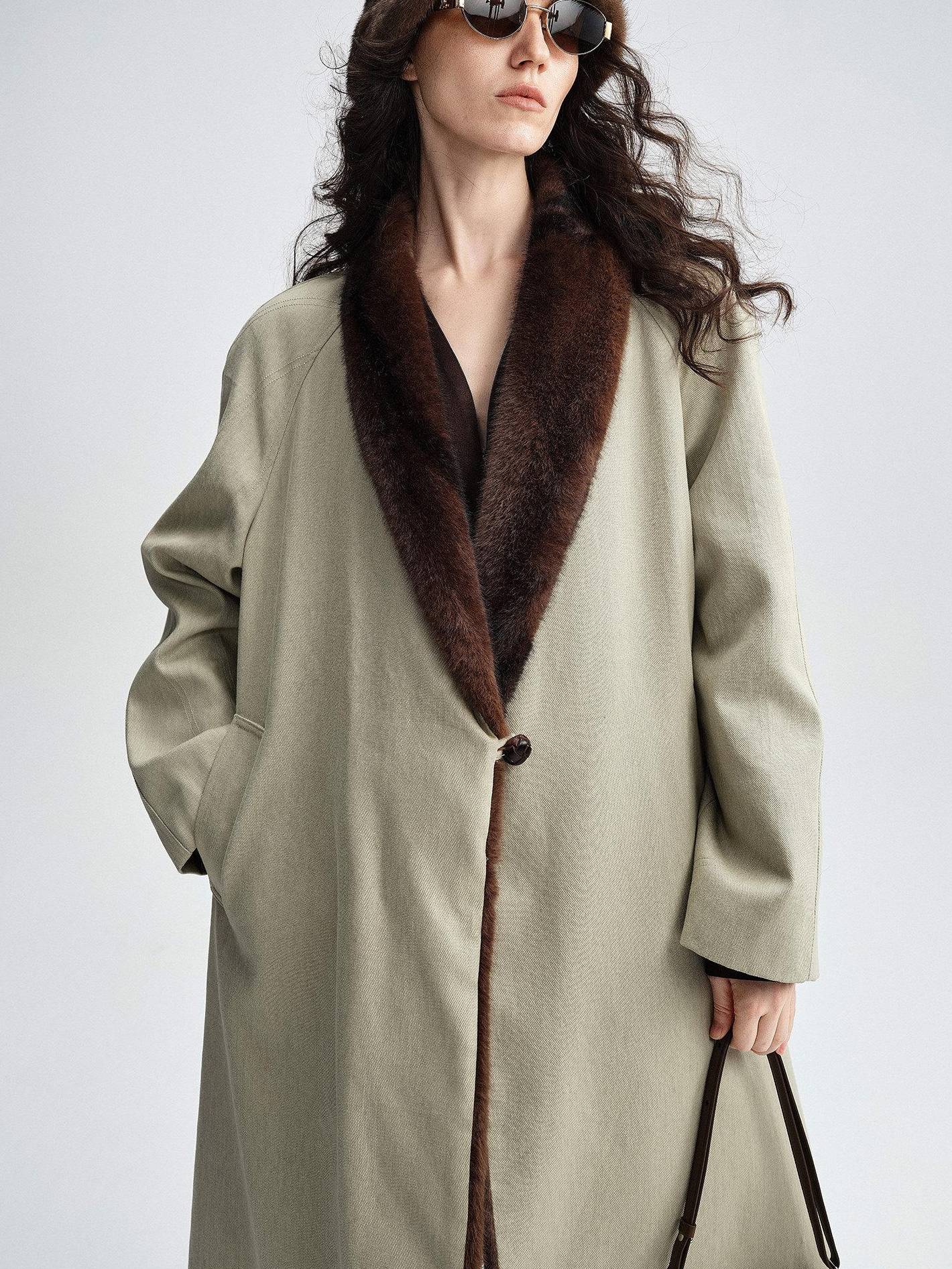 audreyyang Warm Thick Lapel Patchwork Slavic Loose Fit For Women Faux Fur Almond Long Coats