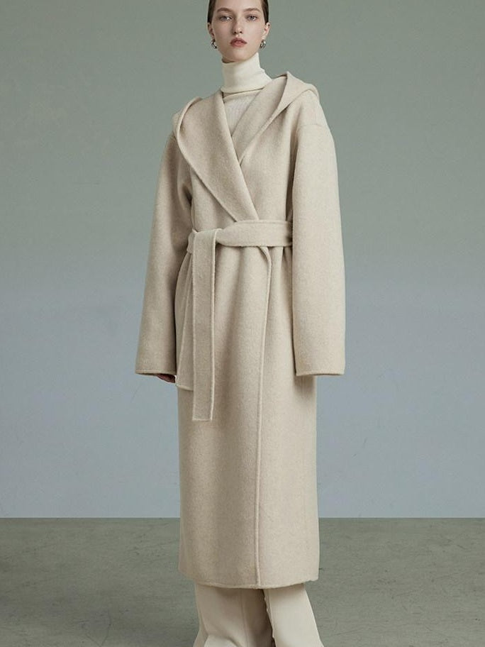 unspoken Premium 90 Wool 10 Alpaca Hooded Minimal Straight Long Oatmeal Wool Coats