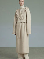 unspoken Premium 90 Wool 10 Alpaca Hooded Minimal Straight Long Oatmeal Wool Coats