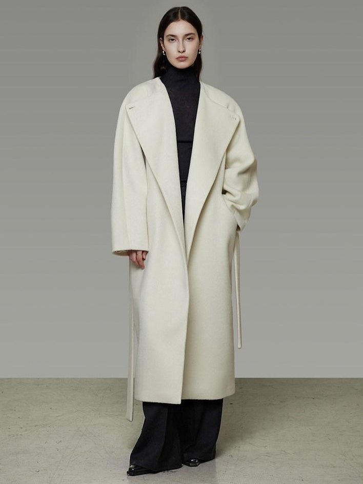 unspoken Lambswool Blend Tie Waist Oversized Commuter Longline White Wool Coats